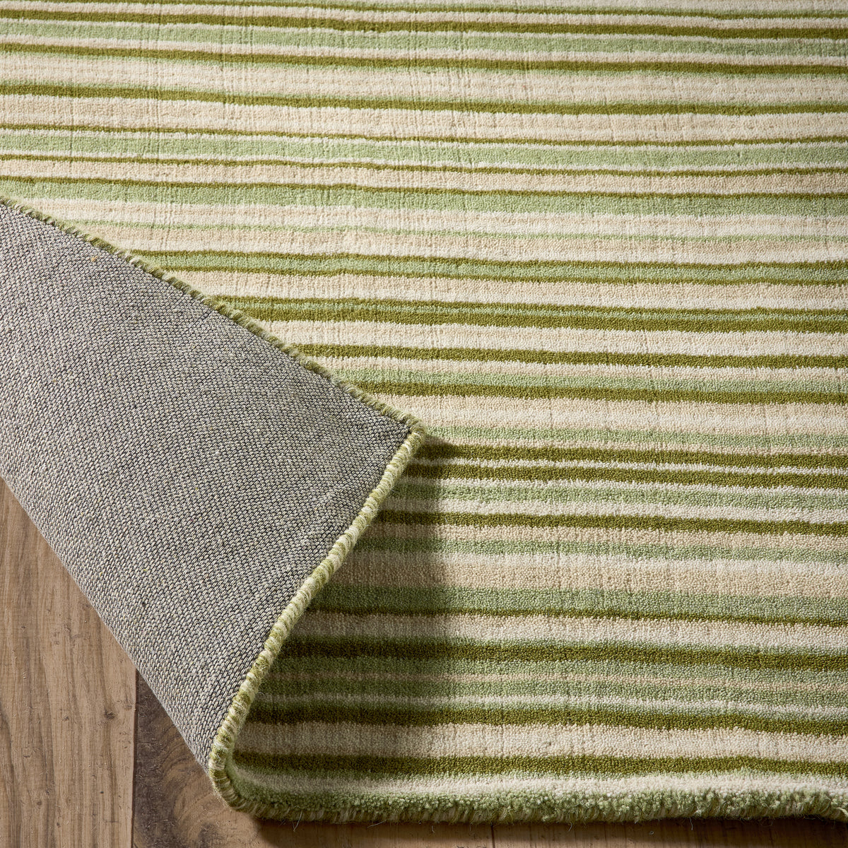 Origins Fine Stripes Green, Beige and Cream Wool Rug