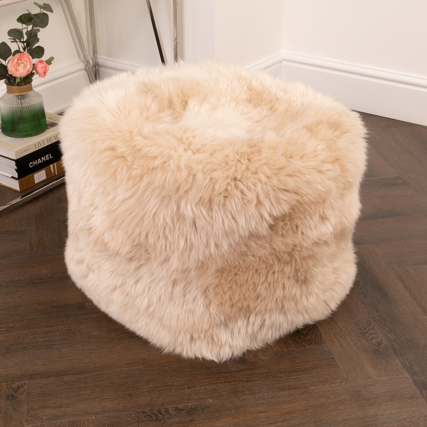 Beige Sheepskin Pouffe