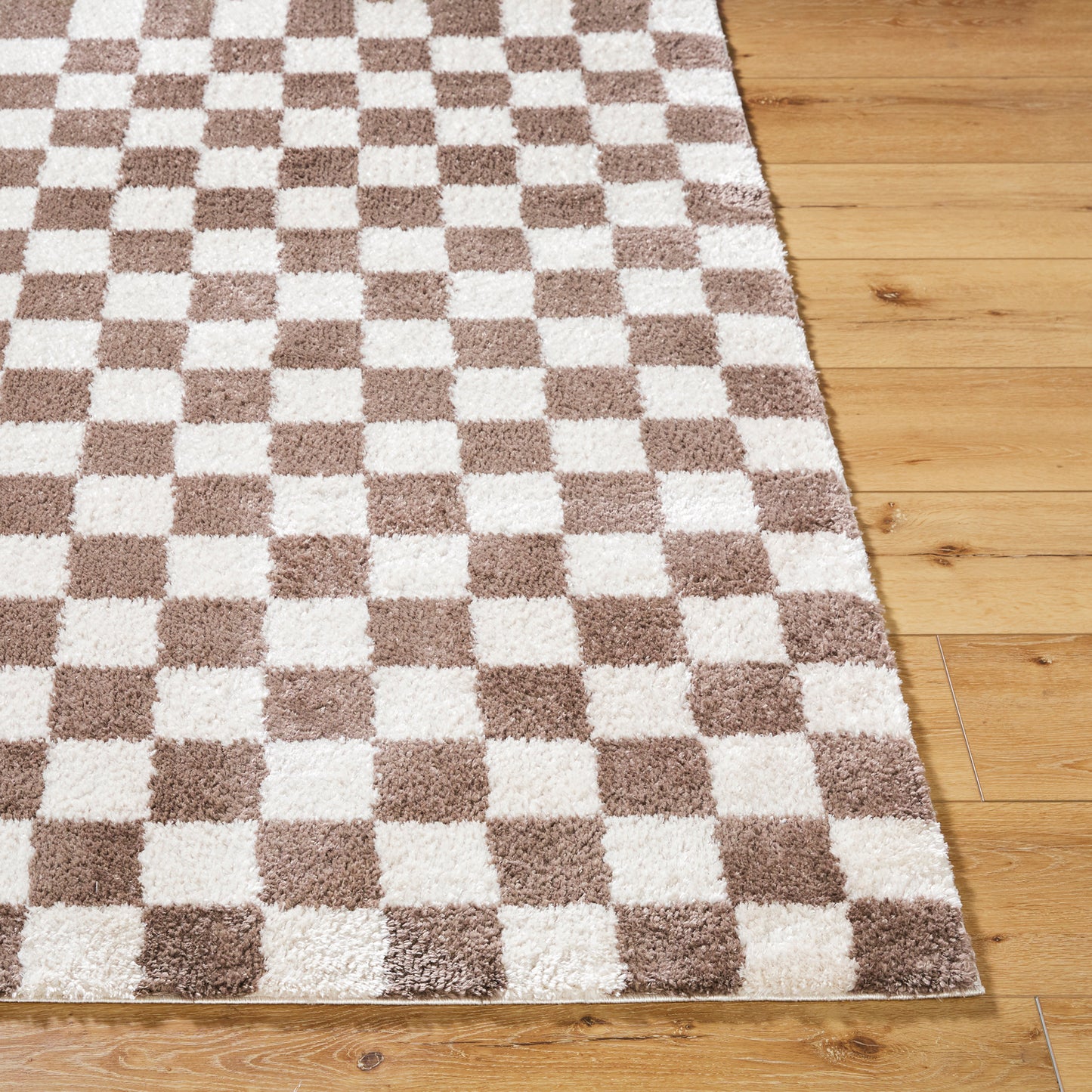 Fossay Brown and Cream Washable Checkered Shaggy Rug