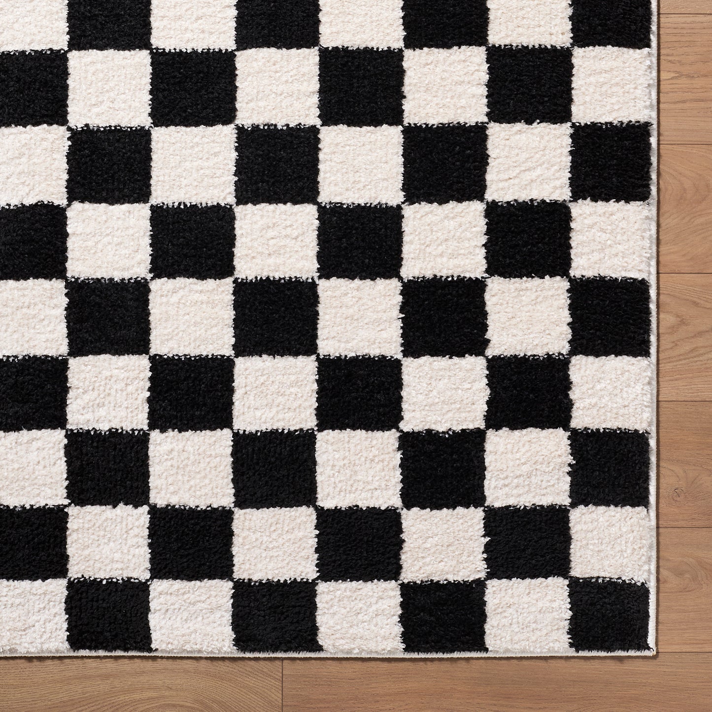 Fossay Black and Cream Washable Checkered Shaggy Rug