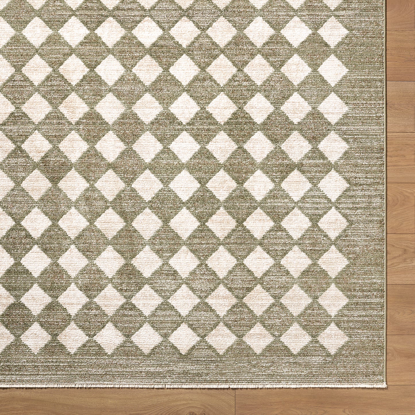 Myrtle Avenue V by Galey Alix Green and Cream Geometric Diamond Fringe Rug
