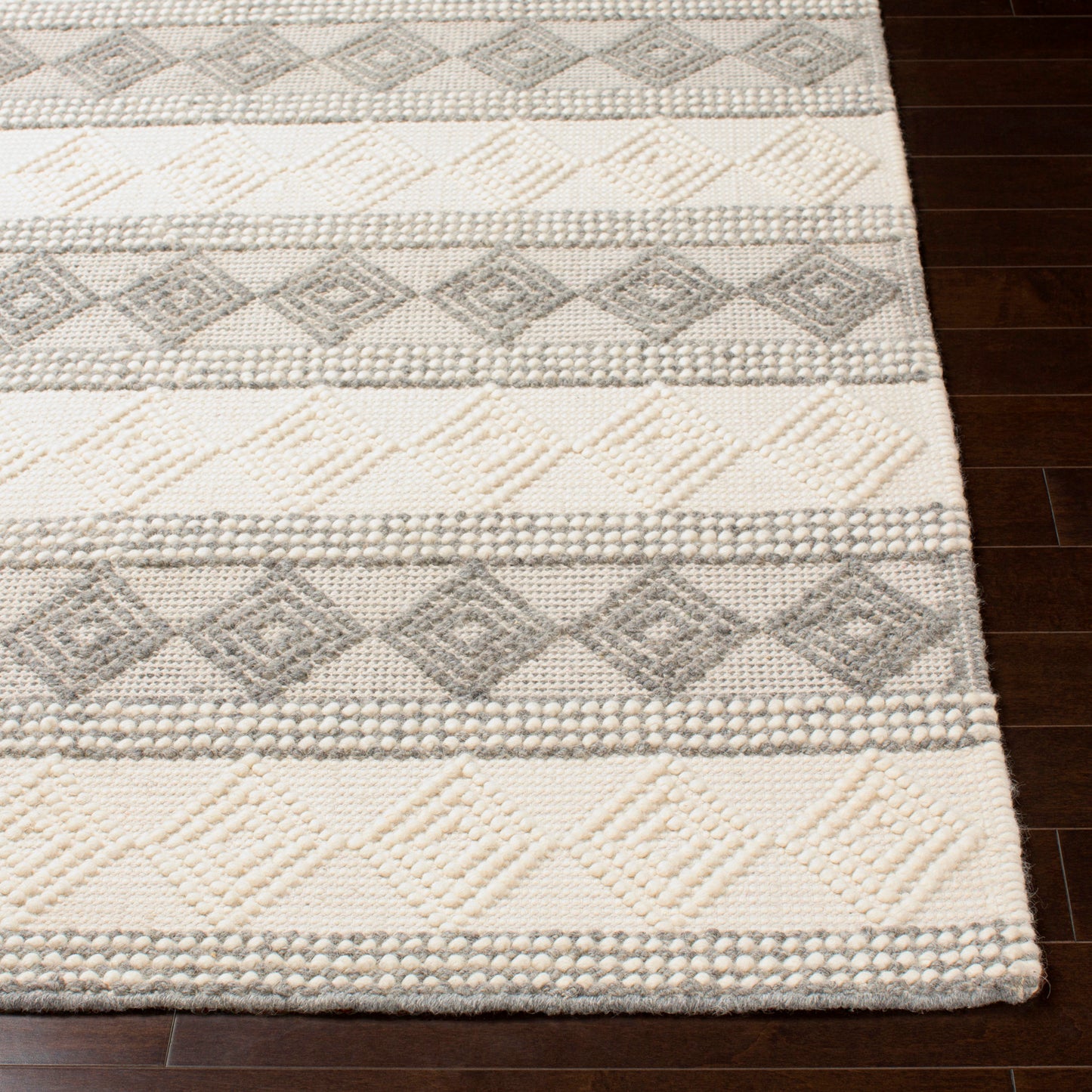 Hygge Cottage Grey and Cream Geometric Wool Mix Hand Woven Rug