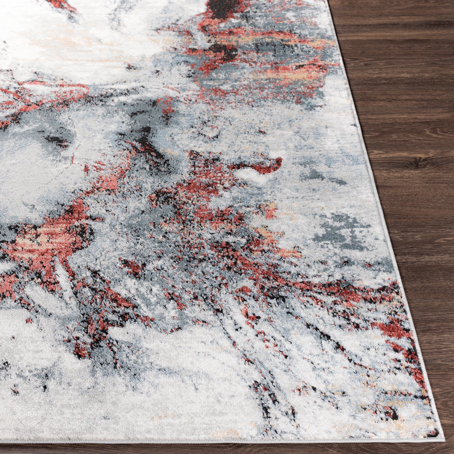 Jolie Grey and Red Abstract Modern Marble Rug