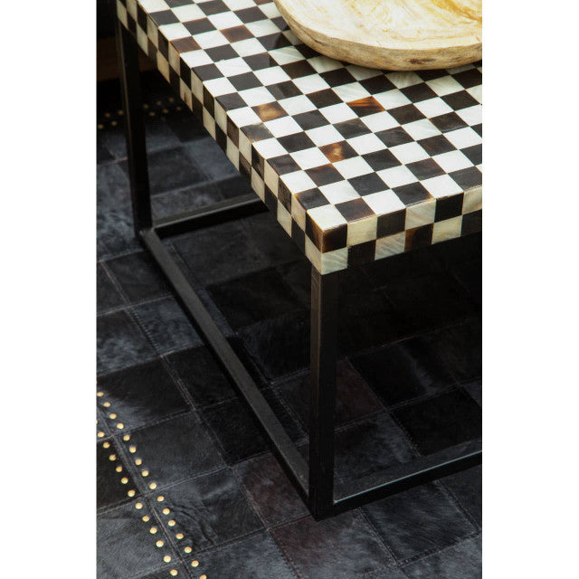 Large Black Cowhide Hair on Leather Patchwork Rug With Gold Studs