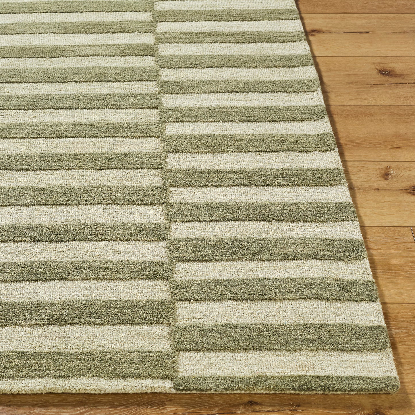 Idaho Green and Cream Stripe Modern Wool Rug