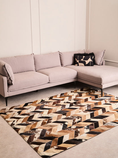 Luxury Large Brown Genuine Cowhide Leather Chevron Patchwork Rug 160cm x 230cm