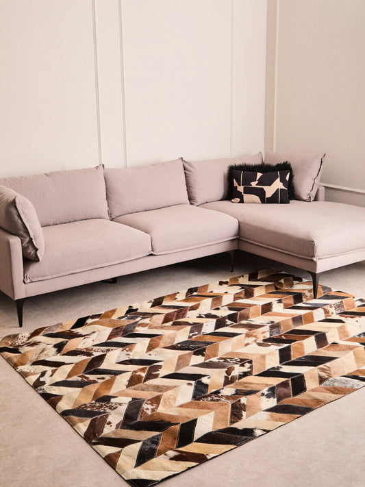Brown Cowhide Hair on Leather Chevron Patchwork Rug 230cm x 160cm