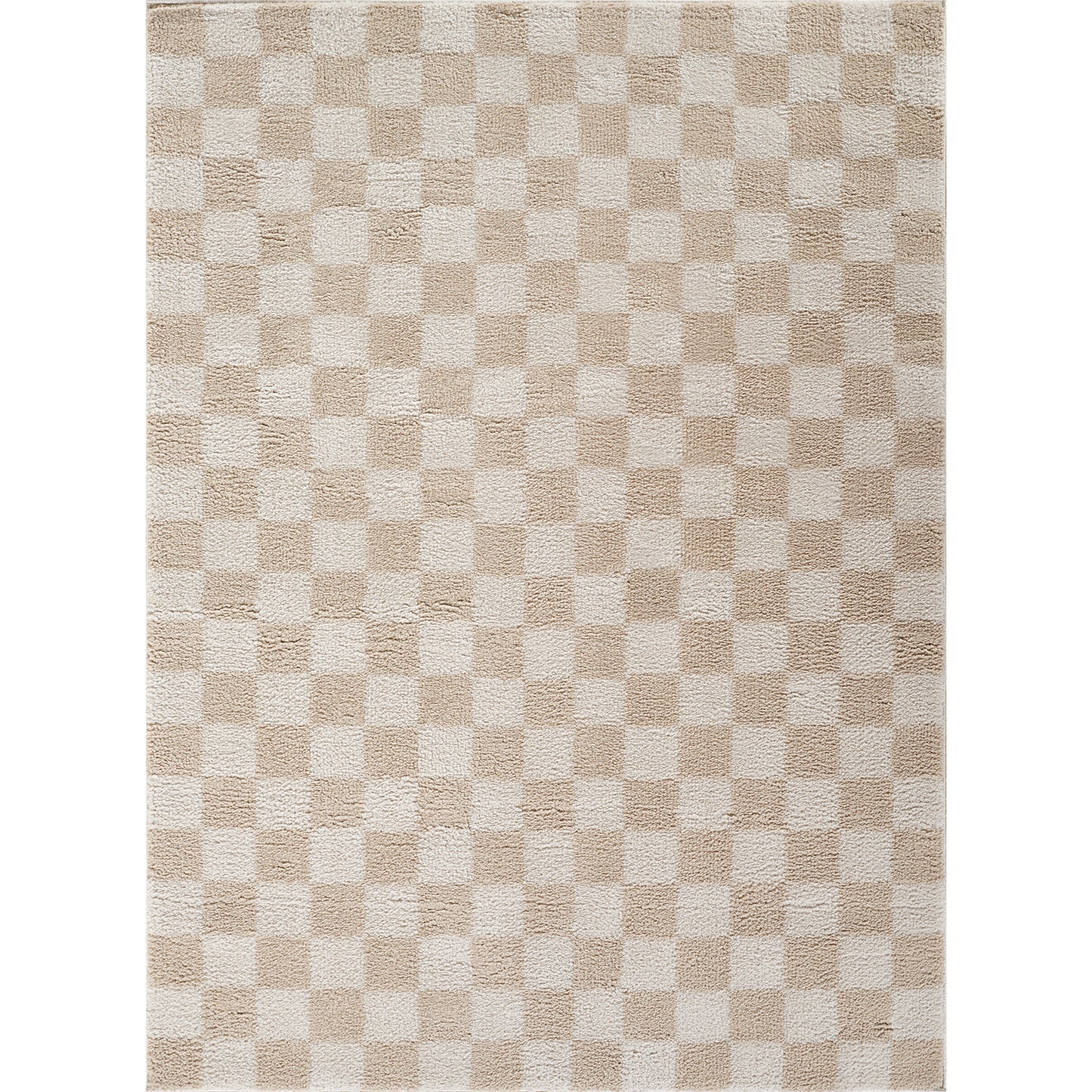 Fossay Beige and Cream Washable Checkered Shaggy Rug