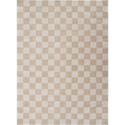 Fossay Beige and Cream Washable Checkered Shaggy Rug