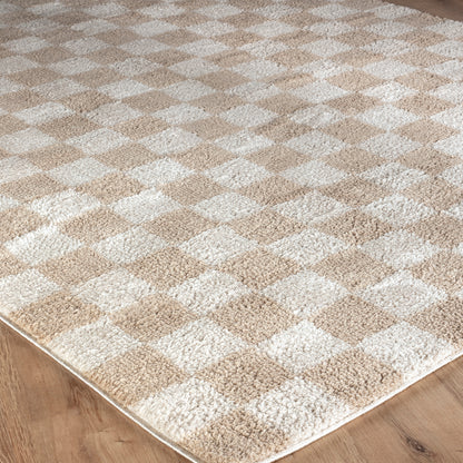 Fossay Beige and Cream Washable Checkered Shaggy Rug