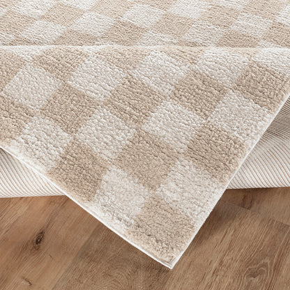 Fossay Beige and Cream Washable Checkered Shaggy Rug