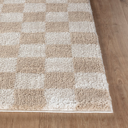 Fossay Beige and Cream Washable Checkered Shaggy Rug