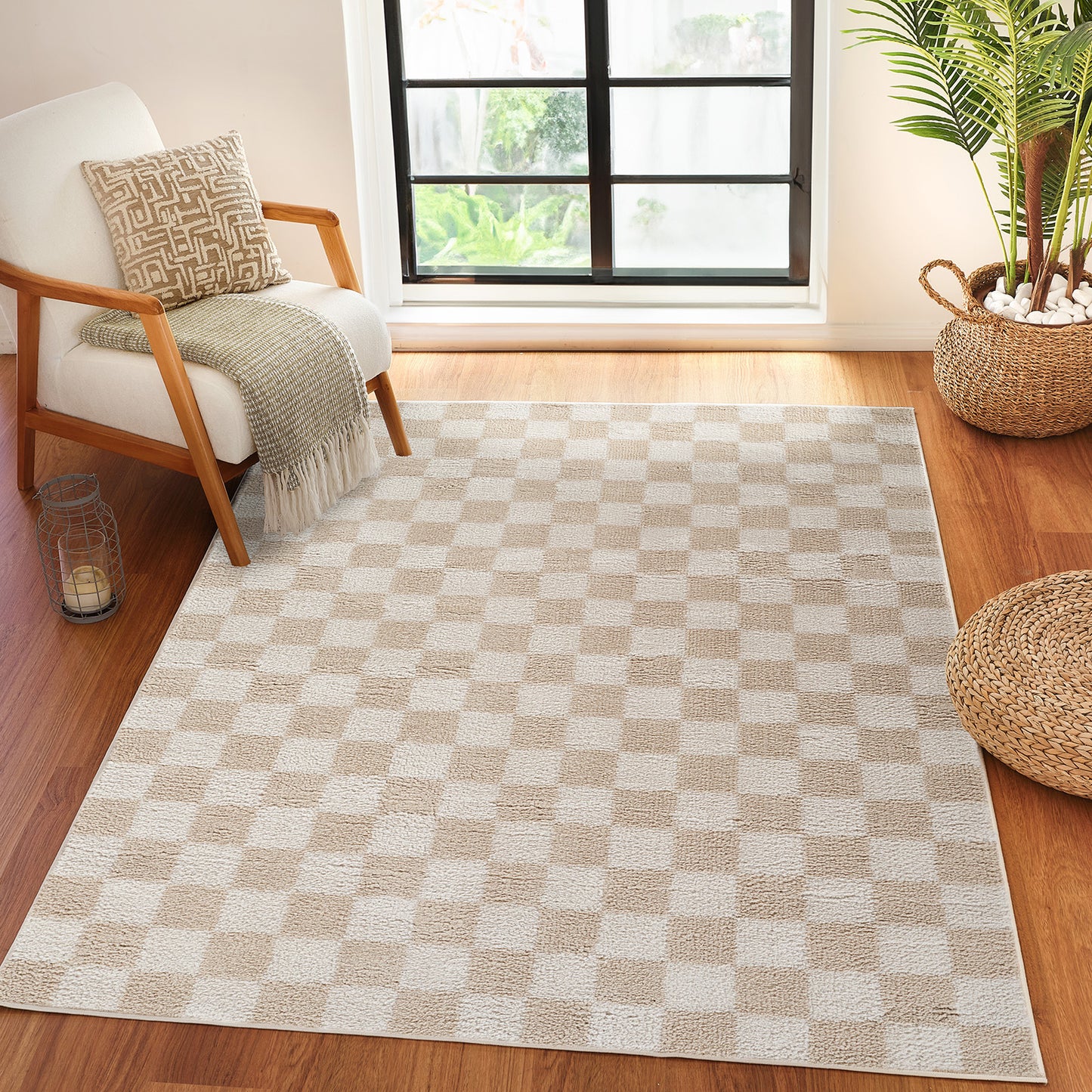 Fossay Beige and Cream Washable Checkered Shaggy Rug