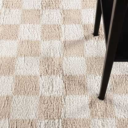 Fossay Beige and Cream Washable Checkered Shaggy Rug