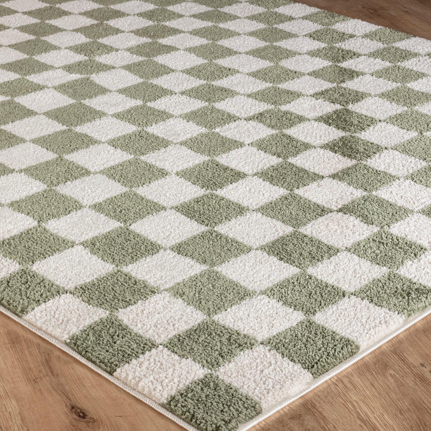 Fossay Green and Cream Washable Checkered Shaggy Rug
