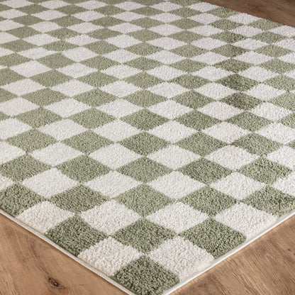 Fossay Green and Cream Washable Checkered Shaggy Rug