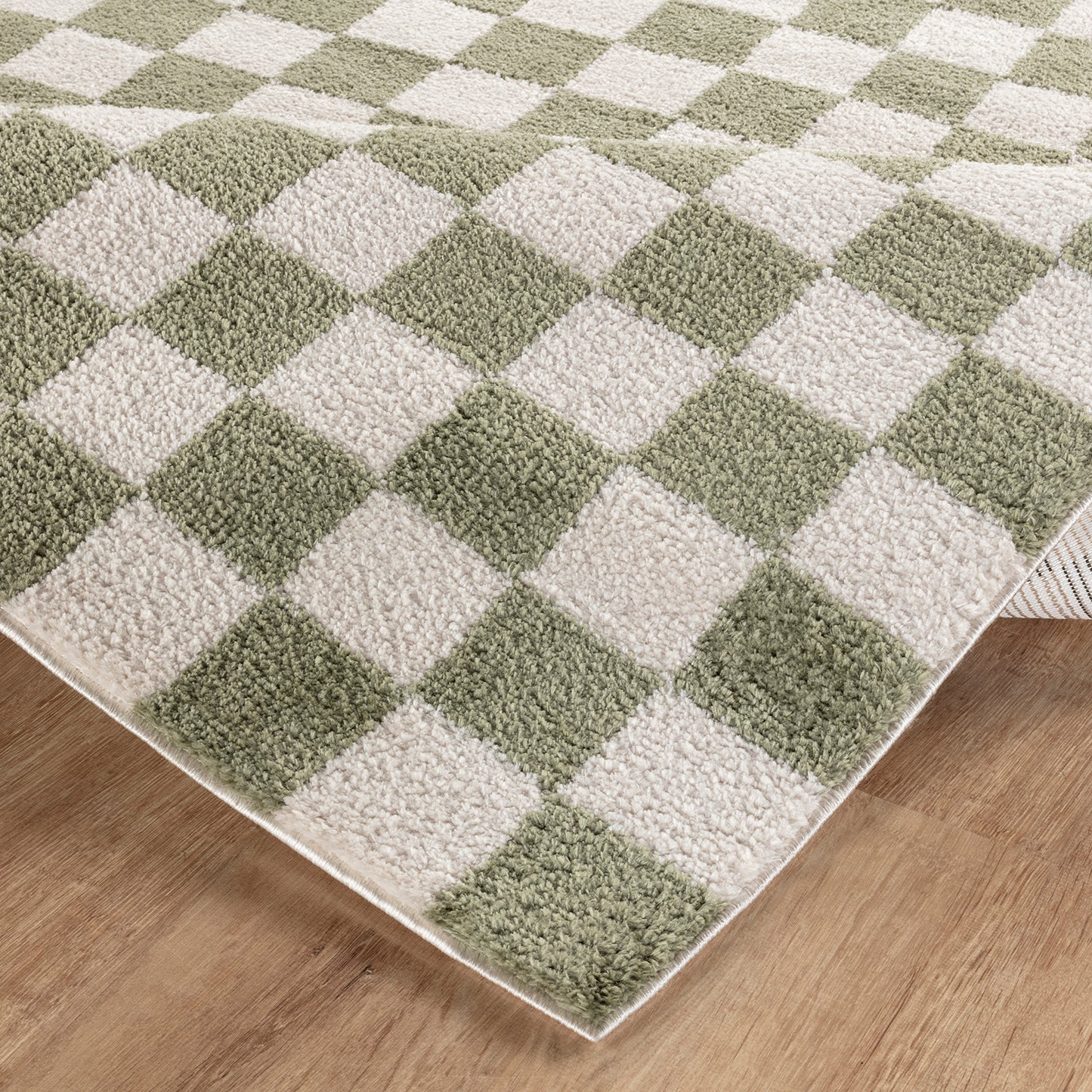Fossay Green and Cream Washable Checkered Shaggy Rug