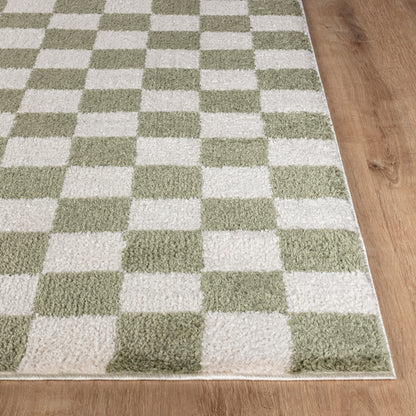 Fossay Green and Cream Washable Checkered Shaggy Rug