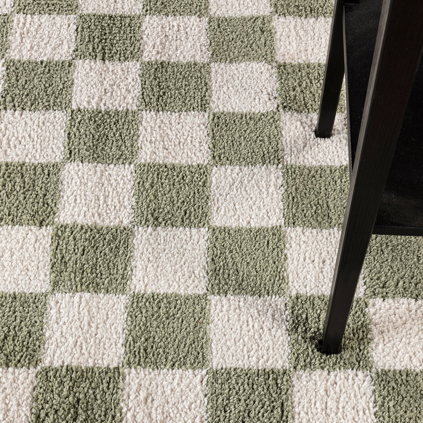 Fossay Green and Cream Washable Checkered Shaggy Rug