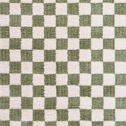 Fossay Green and Cream Washable Checkered Shaggy Rug