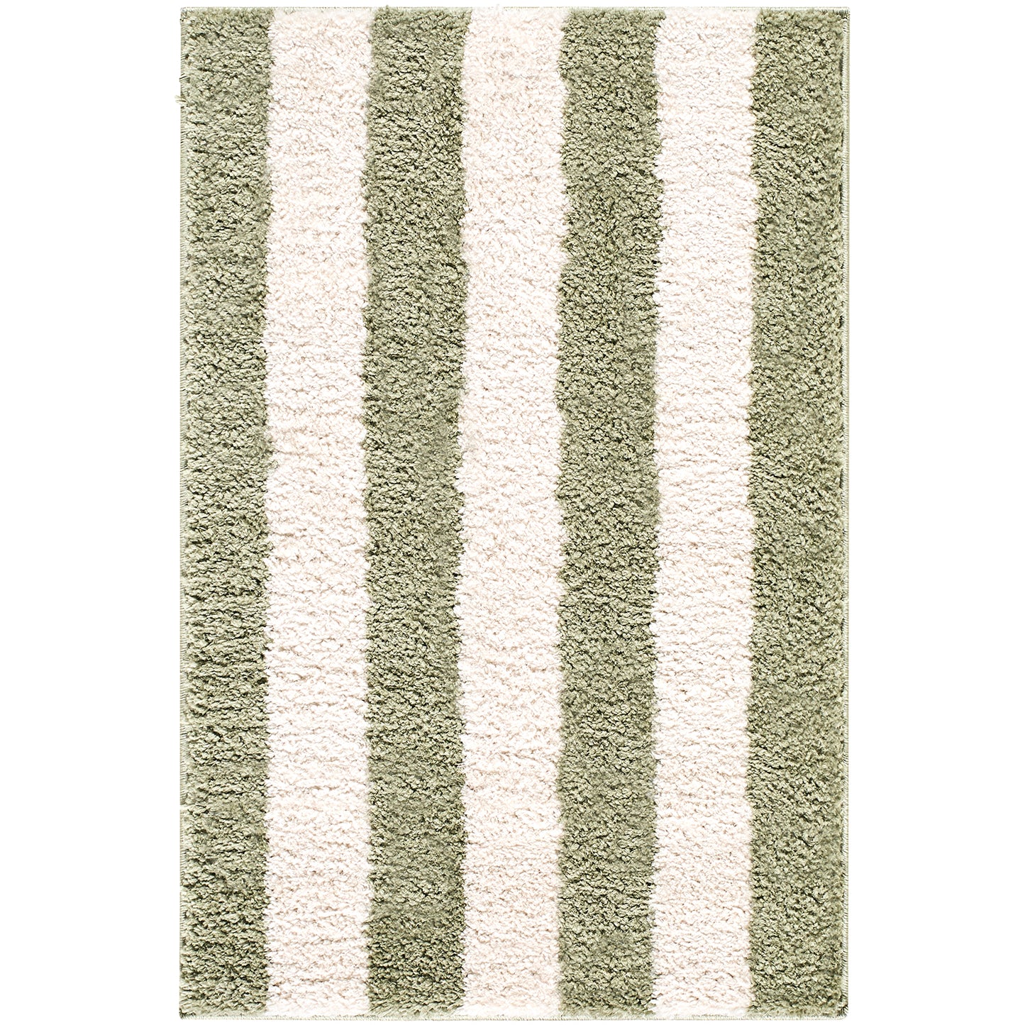 Fossay Green and Cream Washable Striped Shaggy Rug