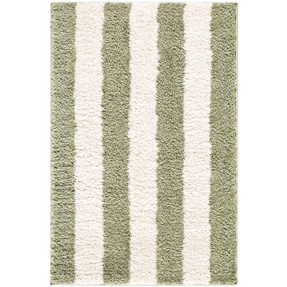 Fossay Green and Cream Washable Striped Shaggy Rug