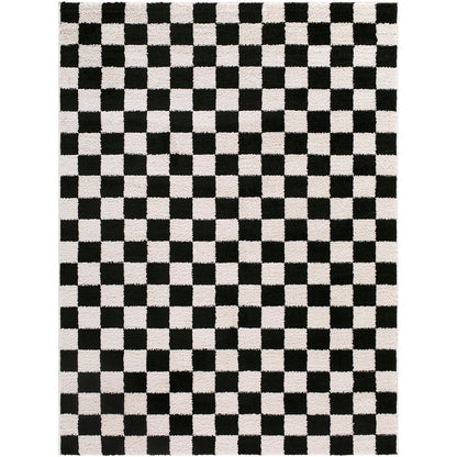 Fossay Black and Cream Washable Checkered Shaggy Rug