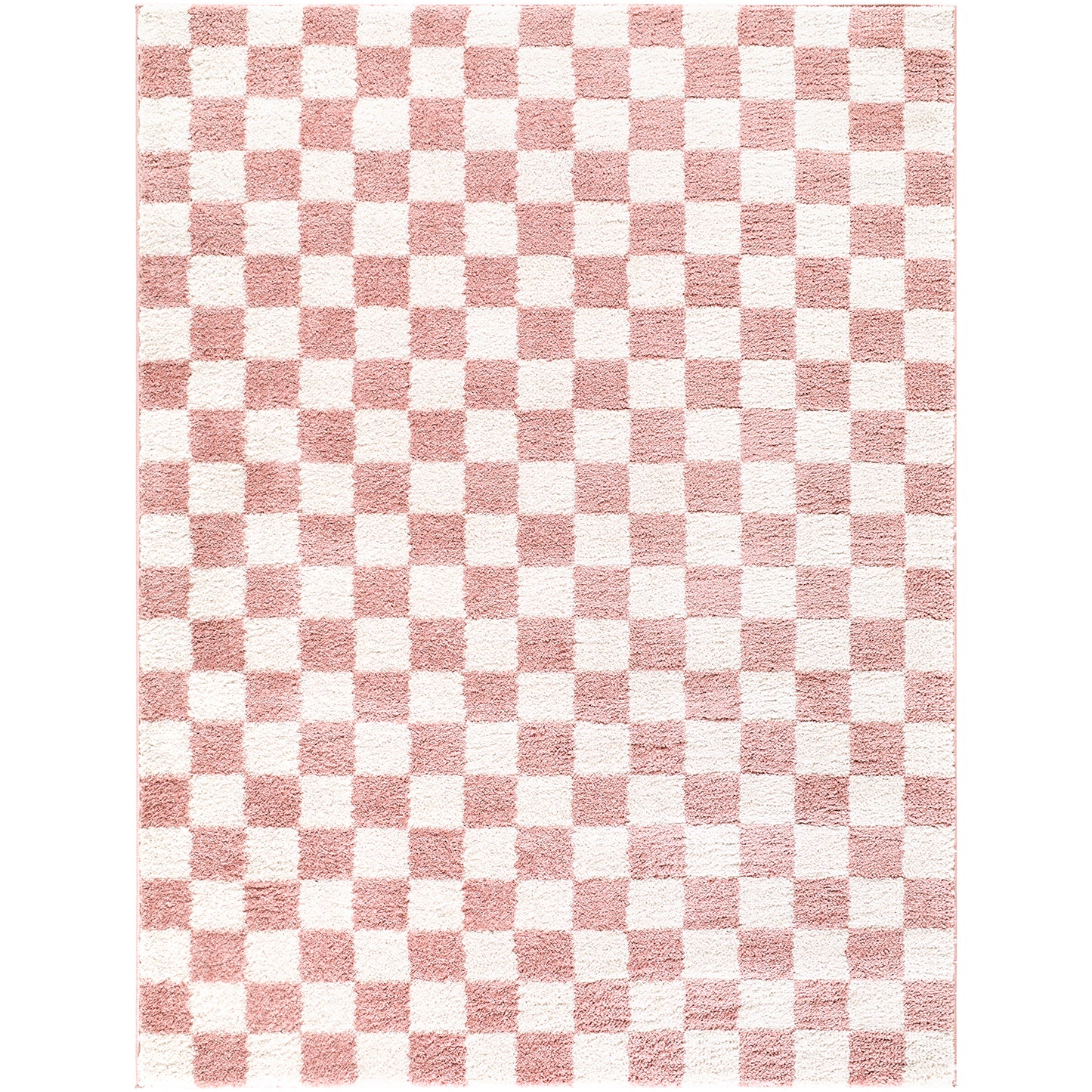 Fossay Pink and Cream Washable Checkered Shaggy Rug