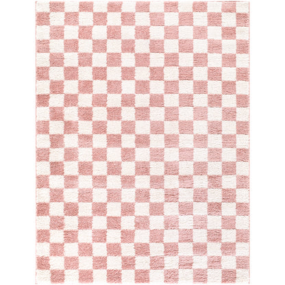 Fossay Pink and Cream Washable Checkered Shaggy Rug