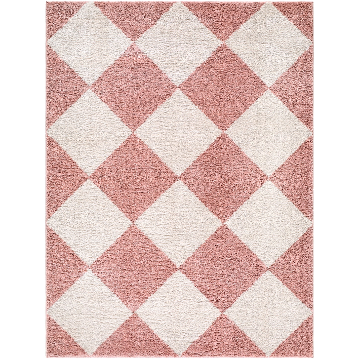Fossay Cream and Pink Washable Checkered Shaggy Rug