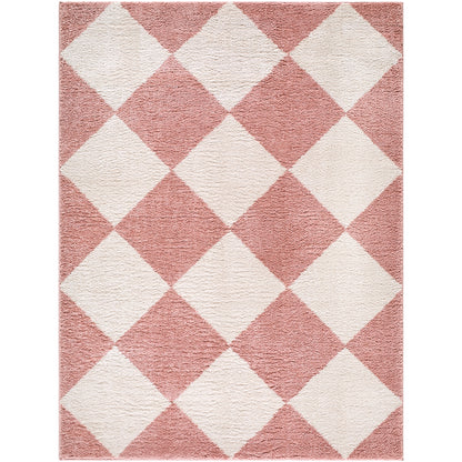 Fossay Cream and Pink Washable Checkered Shaggy Rug