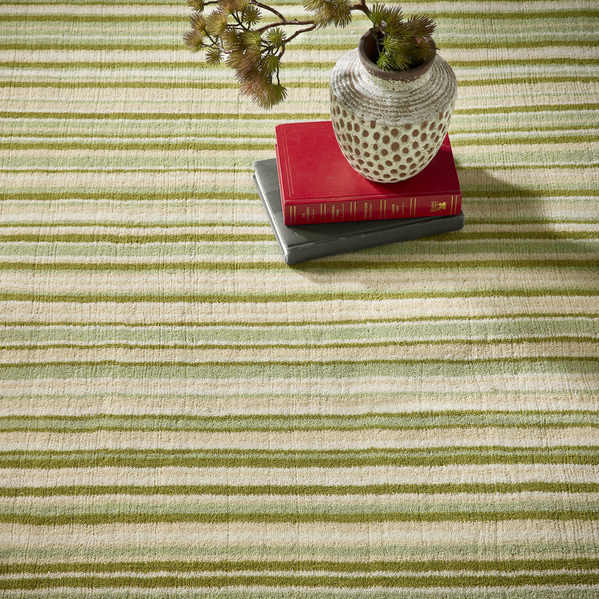 Origins Fine Stripes Green, Beige and Cream Wool Rug