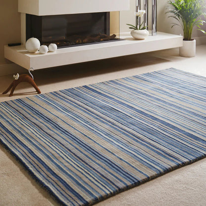 Origins Fine Stripes Blue / Beige Wool Rug
