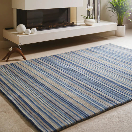 Origins Fine Stripes Blue and Beige Wool Rug