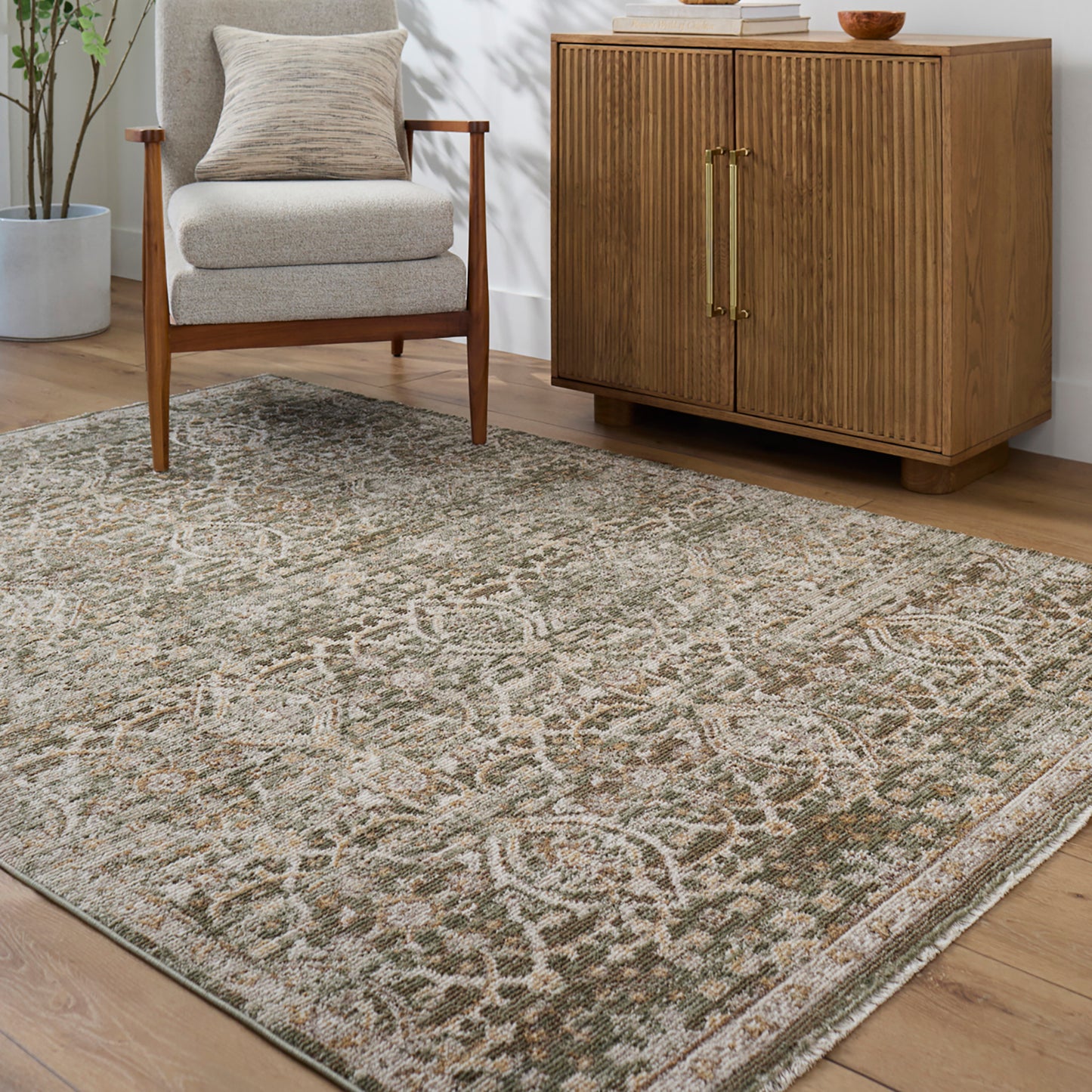 Myrtle Avenue VI by Galey Alix Green Vintage Boho Fringe Rug