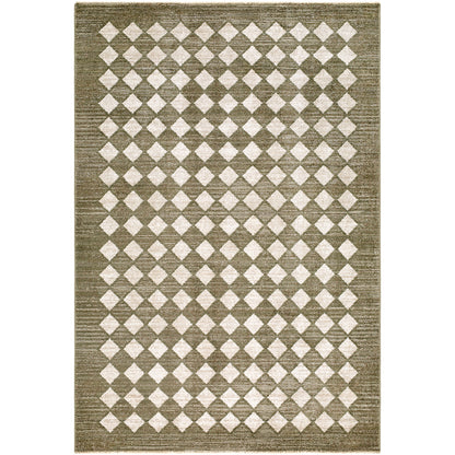 Myrtle Avenue V by Galey Alix Green and Cream Geometric Diamond Fringe Rug