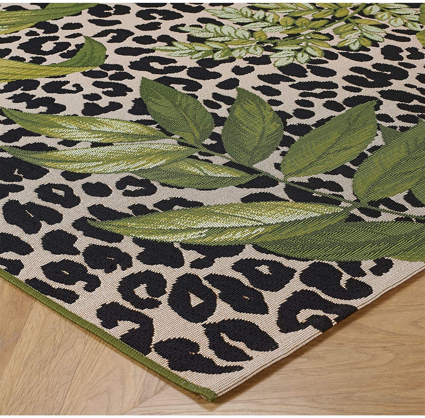 Green Tropical Rug with Cream and Black Animal Print 200cm x 290cm