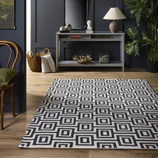Origins Labyrinth Black and White Modern Geometric Wool Rug