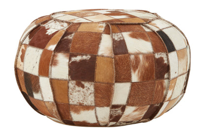 Brown and White Cowhide Leather Patchwork Pouffe