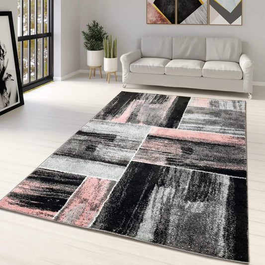Pink, Black & Grey Geometric Abstract Rug