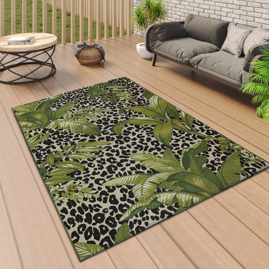 Green Tropical Rug with Cream and Black Animal Print 200cm x 290cm