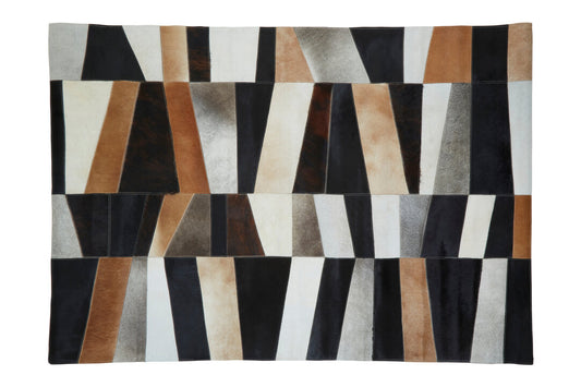 Large Geometric Striped Hair on Leather Cowhide Patchwork Rug