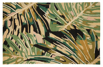 Large Botanical Green Black and Cream Wool Mix Modern Rug