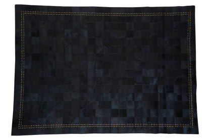 Luxury Black Genuine Cowhide Leather Patchwork Gold Studded Rug