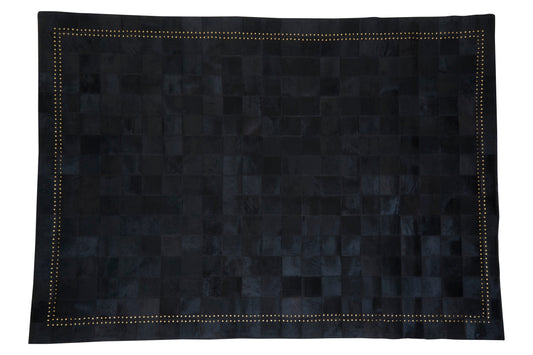 Large Black and Grey Hair on Leather Patchwork Rug With Gold Studs 230cm x 160cm