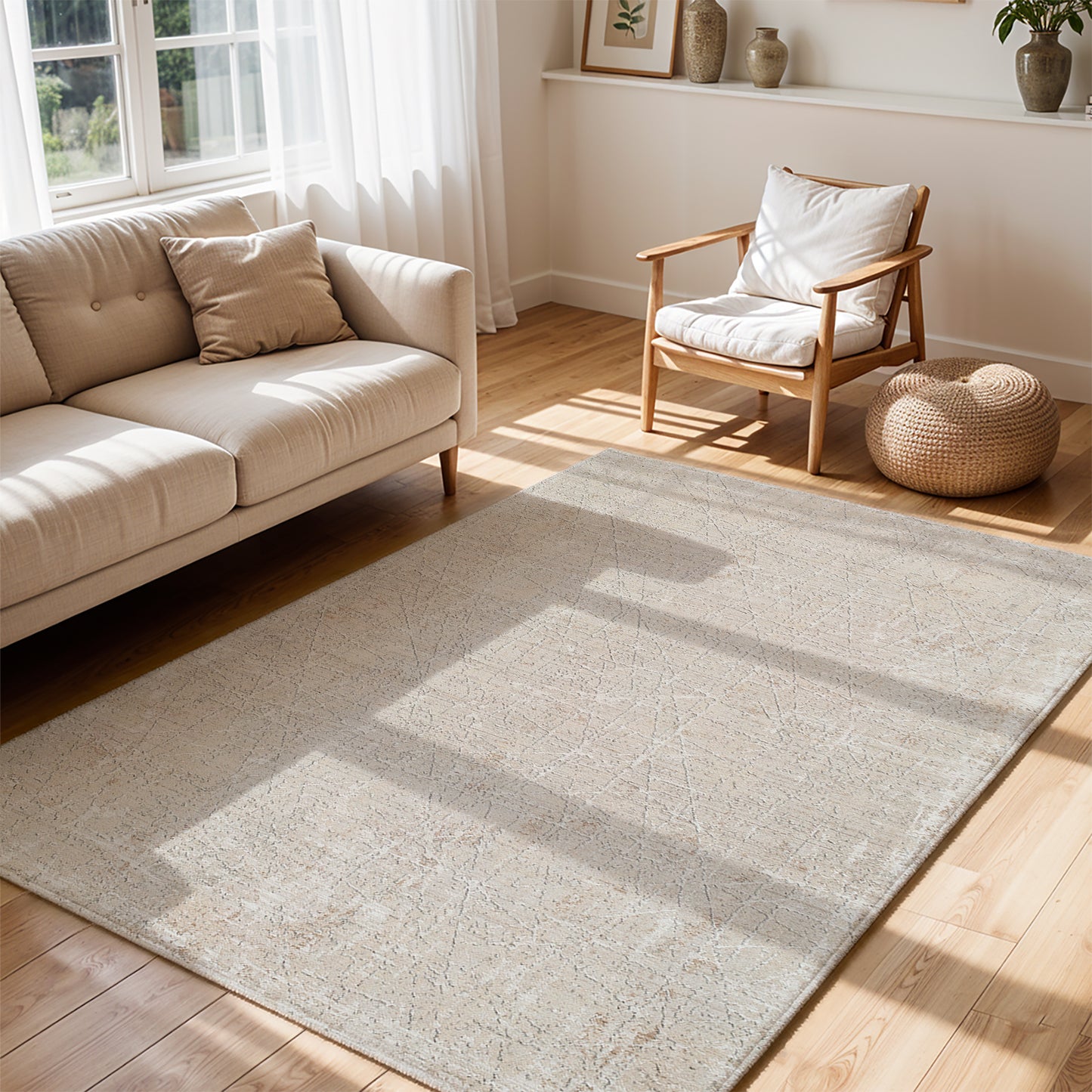 Nathan Beige Modern Abstract Fringe Rug