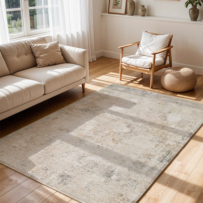 Nathan Beige Abstract Modern Marble Fringe Rug