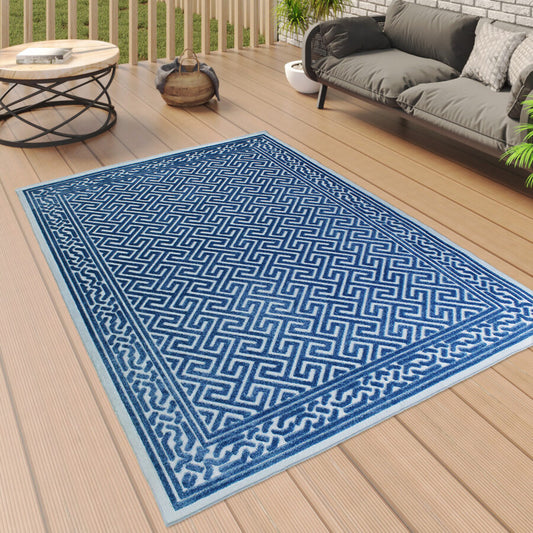 Outdoor Navy and Light Blue Greek Style Rug 129cm x 290 cm