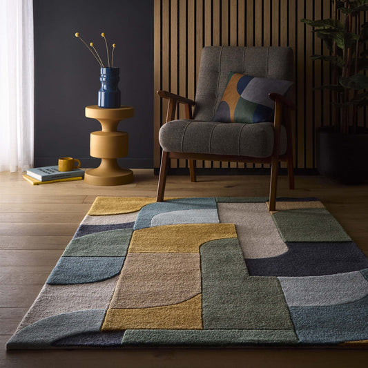 Origins Retro Deco Blue Wool Rug