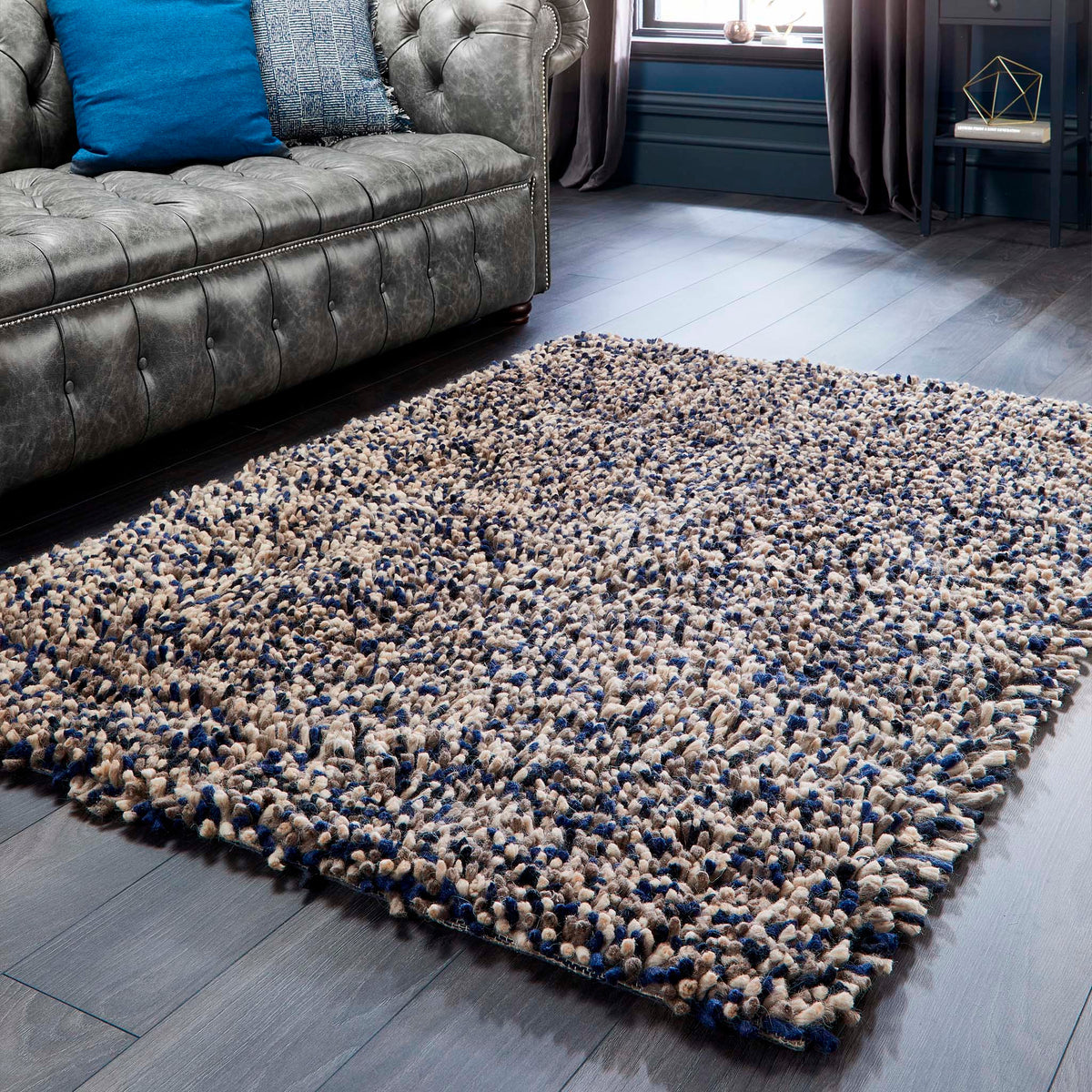 Origins Rocks Navy Blue Shaggy Pile Wool Rug